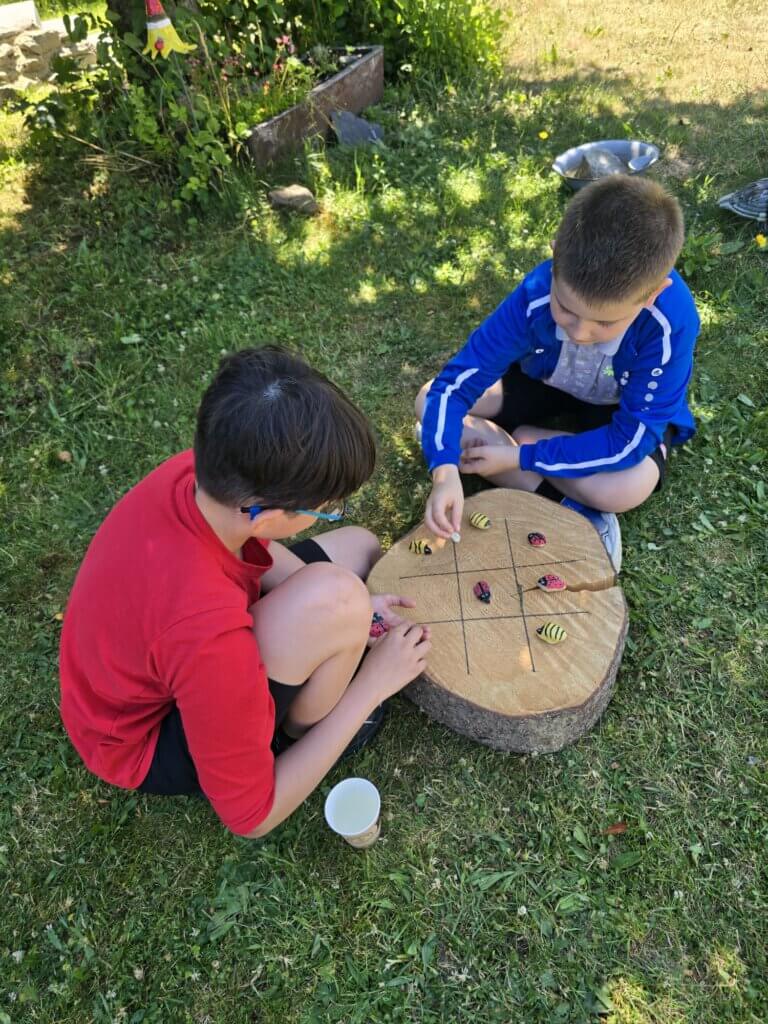 2 Jungen spielen auf einer Holzscheibe ein Spiel mit Käfern und Bienen