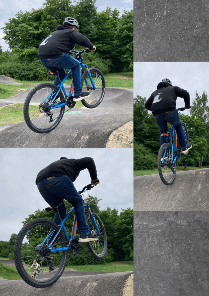 Eine Bildkomposition aus drei Bildern. Auf allen drei Bildern ist ein Junge zu sehen mit einem Fahrrad und Helm der auf einem Pump-Track Sprünge macht